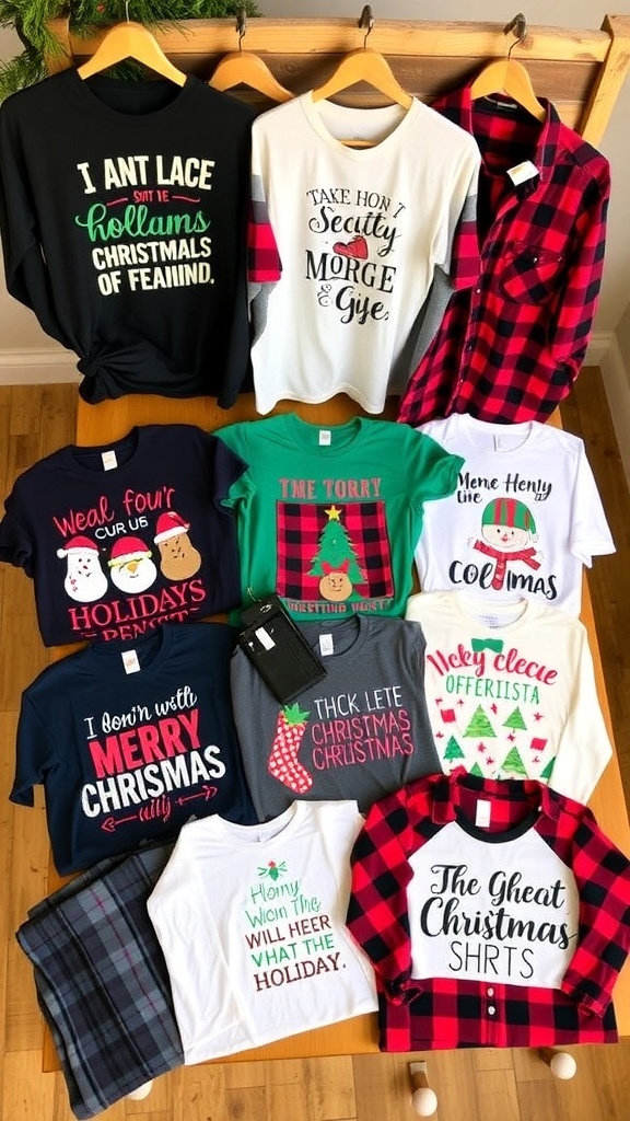 A variety of Christmas shirts with festive designs displayed on a table and rack.